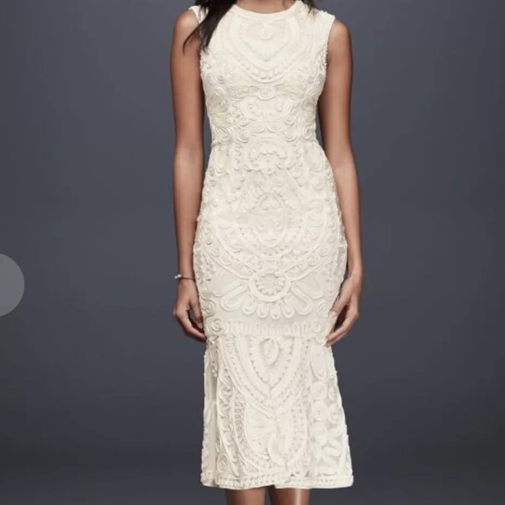 JS Collections cream soutache and mesh mermaid dress